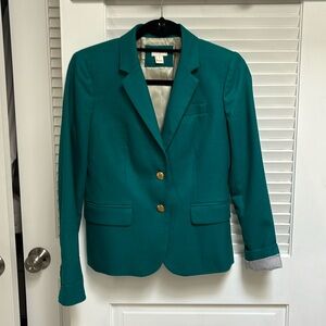 JCrew turquoise blazer with pinstripes on the inside sleeves.